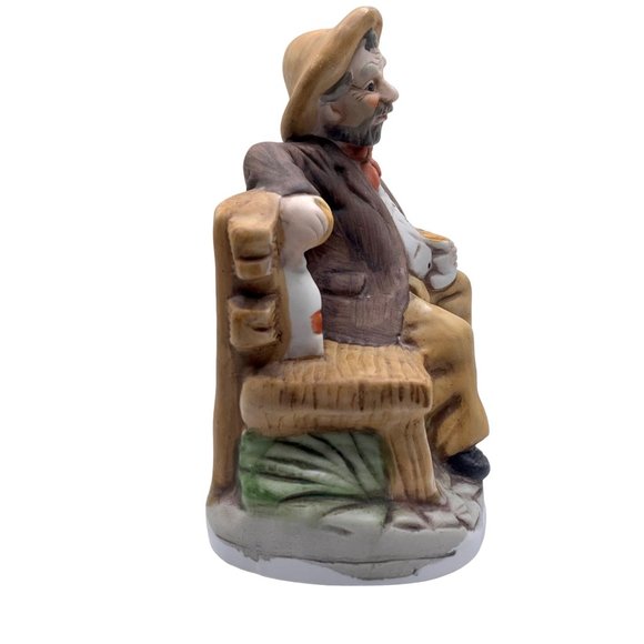 Vintage Hand-Painted Ceramic Figurine Of Man On Bench Holding Jug & Bowl - Picture 7 of 11